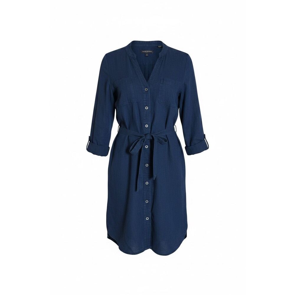 NWOT Banana Republic Chambray Button Front Tie Waist Shirt Dress Navy Blue Sz 4